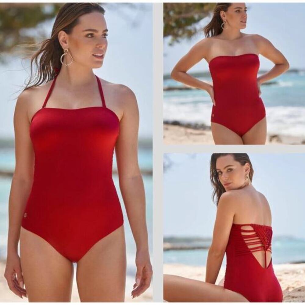 Leonisa Swim One Piece Sculpting‎ Macramé Back Red Small Removeable Straps Beach